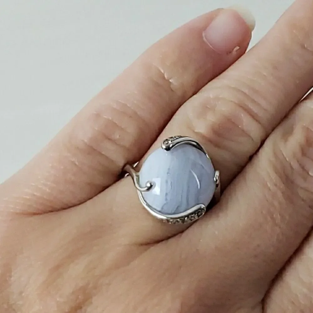 Blue Lace Agate Cabochon Ring CZ Accent 925 Silver Size 6